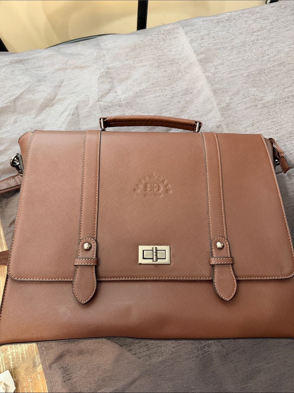 Men's Brown Leather Briefcase with Top Handle and Turn-Lock